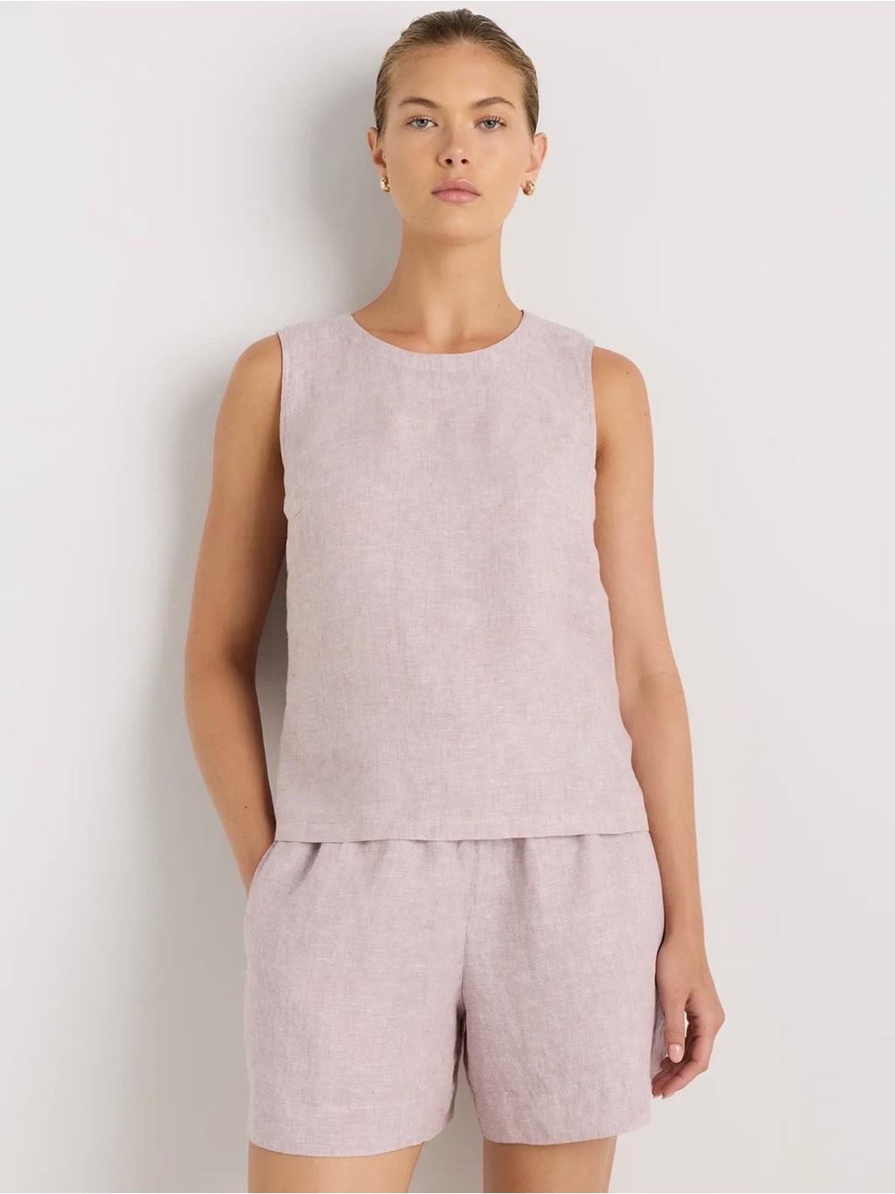 Quince 100% European Linen Tank & High-waist Shorts Set, VTG Pink Chambray